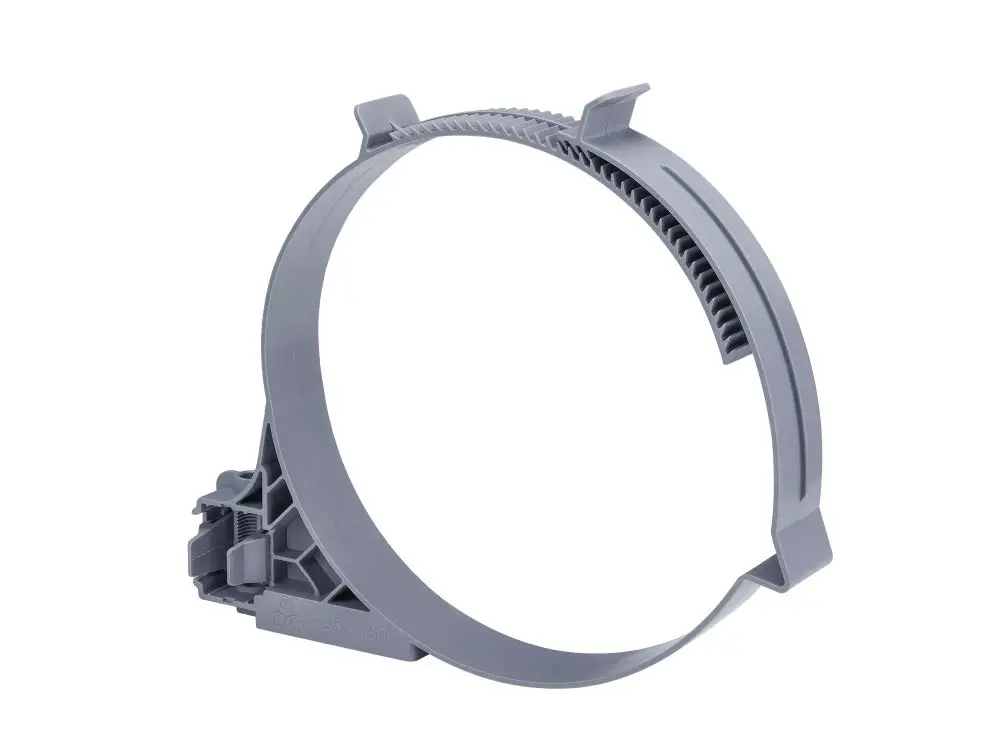 Grauer Halter von Fränkische, mit Befestigungsmechanismen und einer runden, offenen Struktur, geeignet für die Montage in Rohrsystemen.